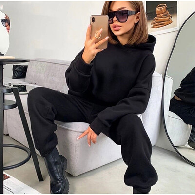 Costum sport casual de toamnă/iarnă pentru femei Hanorac de culoare uni pentru îmbrăcăminte pentru femei Hanorace cu fermoar Pantaloni de sport Seturi de două piese