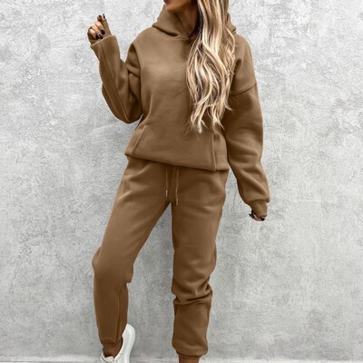 Fall Active 2 részes sweatsuit 2 részes női téli fitnesz felszerelés gyapjú pulóver kapucnis pulóver + kocogó nadrág hozzáillő tréningruha