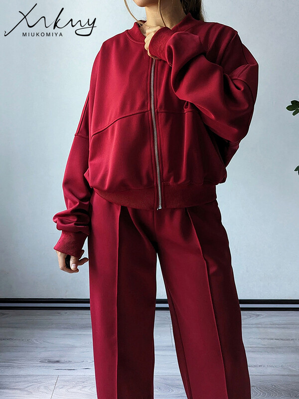 Γκρι ίσιο παντελόνι σετ δύο τεμαχίων Γυναικεία στολή Μακρύ αθλητικό παντελόνι Street Wear Σετ μπουφάν με φερμουάρ Σετ μπλουζάκια για γυναίκες