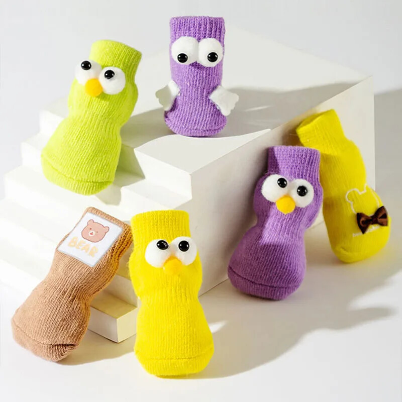 Pet Cartoon Πλεκτές κάλτσες Χειμερινά ζεστά παπούτσια Cute Big Eyes Cute Teddy Αντιολισθητικές Ζεστές βαμβακερές κάλτσες Αξεσουάρ για κατοικίδια 4 ΤΕΜ