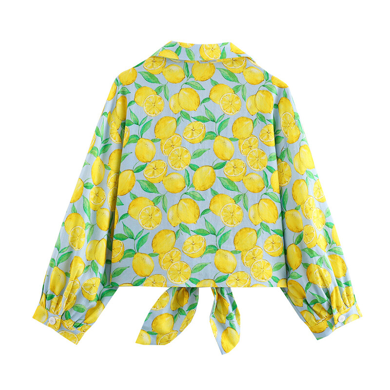 YENKYE Lemon Print Lace Up Πουκάμισο Crop Γυναικείο γιακά με πέτο Γιορτινή καλοκαιρινή μπλούζα Casual Loose streetwear ropa de mujer