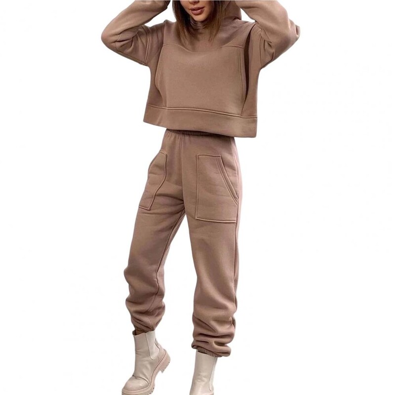Φθινοπωρινές χειμερινές γυναικείες αθλητικές φόρμες μόδας Μασίφ φλις γυναικείες φούτερ Γυναικεία σετ δύο τεμαχίων Αθλητικό σετ με κουκούλα μεγάλη τσέπη με μακρύ παντελόνι