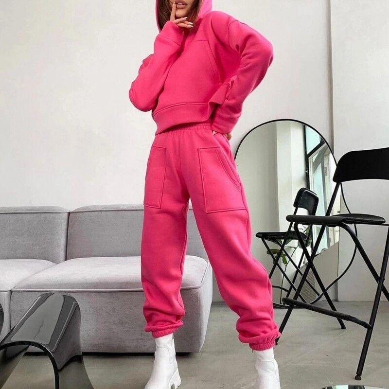 Φθινοπωρινές χειμερινές γυναικείες αθλητικές φόρμες μόδας Μασίφ φλις γυναικείες φούτερ Γυναικεία σετ δύο τεμαχίων Αθλητικό σετ με κουκούλα μεγάλη τσέπη με μακρύ παντελόνι