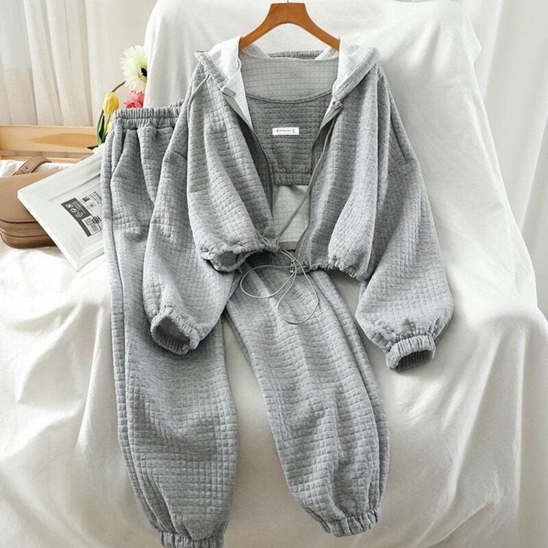 Γυναικείο Σετ φόρμας 3 τεμαχίων Γυναικείο Φθινοπωρινό Χειμερινό Σετ Αθλητικό Σετ με φανελάκι με κουκούλα Παλτό ελαστική μέση για το κρύο