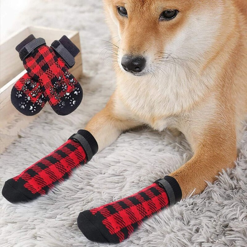 4 τεμ./σετ Αντιολισθητικές κάλτσες σκύλου με αναπνέει Αντιολισθητικές κάλτσες για σκύλους Ρυθμιζόμενη μαλακή προστασία ποδιών για κατοικίδια Βαμβακερές ζεστές αδιάβροχες αντιολισθητικές κάλτσες σκύλου Φθινοπωρινές