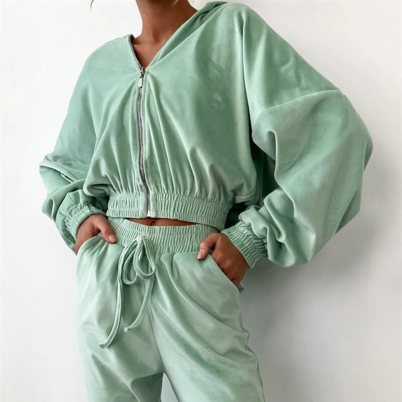 Γυναικείο αθλητικό κοστούμι φθινοπώρου/χειμώνα 2024, αθλητικό παντελόνι με φερμουάρ, κορδόνι περίσφιξης, μονόχρωμο σετ δύο τεμαχίων