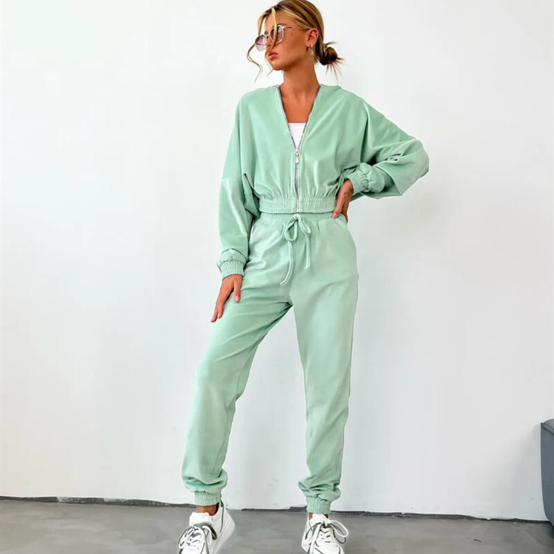 Γυναικείο αθλητικό κοστούμι φθινοπώρου/χειμώνα 2024, αθλητικό παντελόνι με φερμουάρ, κορδόνι περίσφιξης, μονόχρωμο σετ δύο τεμαχίων