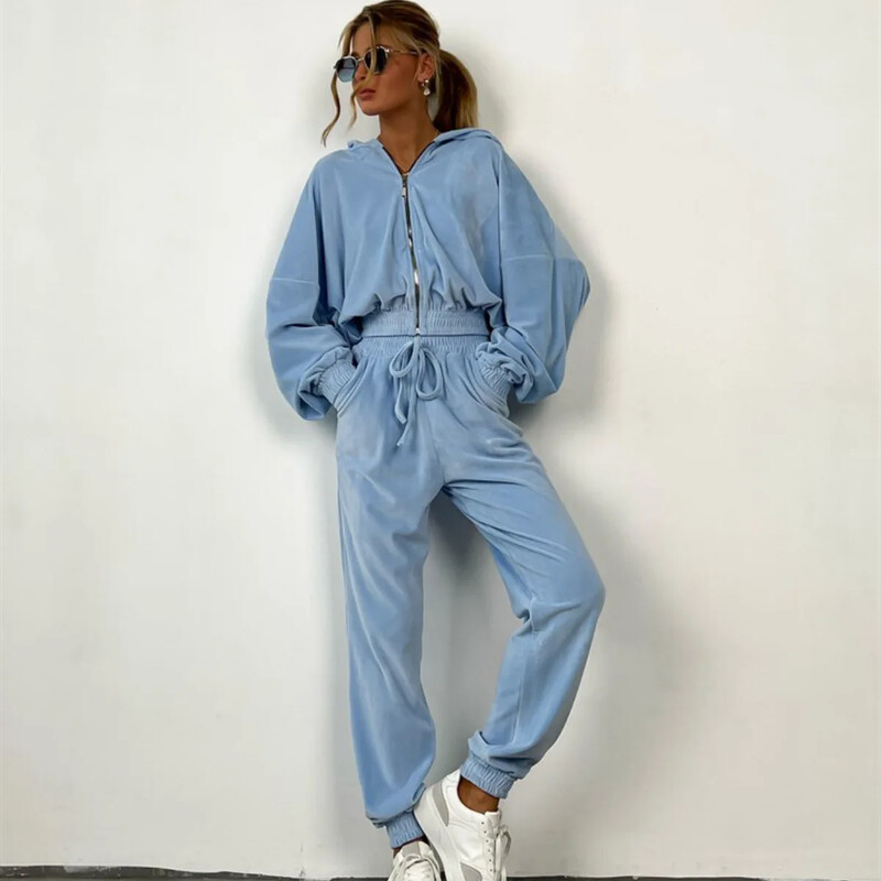 Γυναικείο αθλητικό κοστούμι φθινοπώρου/χειμώνα 2024, αθλητικό παντελόνι με φερμουάρ, κορδόνι περίσφιξης, μονόχρωμο σετ δύο τεμαχίων