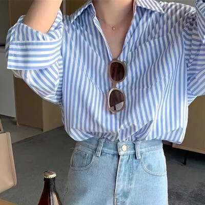 Csíkos ingek Női Y2K Vintage utcai viselet hosszú ujjú felsők Koreai divat irodai női Elegáns laza alkalmi blúz Új