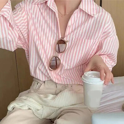Csíkos ingek Női Y2K Vintage utcai viselet hosszú ujjú felsők Koreai divat irodai női Elegáns laza alkalmi blúz Új