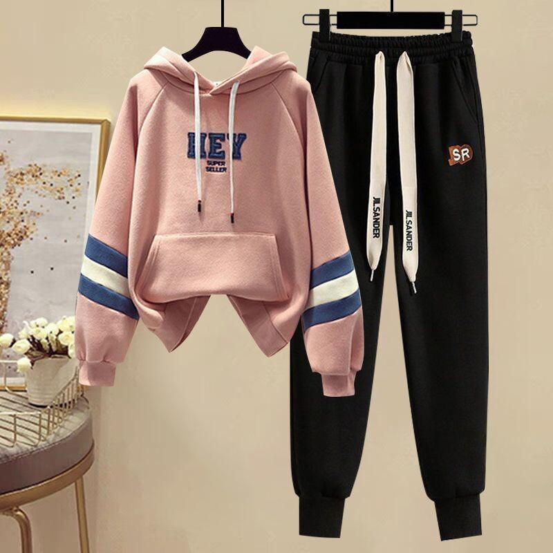 Αθλητικό σετ για γυναίκες την άνοιξη και το φθινόπωρο Νέα κορεατική έκδοση Color Blocking Hooded Top Casual Παντελόνι Age Reducing Σετ δύο τεμαχίων