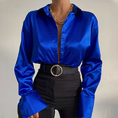 Divat elegáns szatén blúz, hosszú ujjú, egyszínű selyem ing alkalmi kék felsők Vintage irodai női ruhák Blusas Mujer 22717