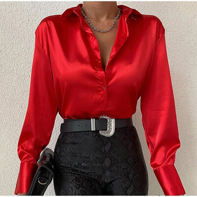 Divat elegáns szatén blúz, hosszú ujjú, egyszínű selyem ing alkalmi kék felsők Vintage irodai női ruhák Blusas Mujer 22717