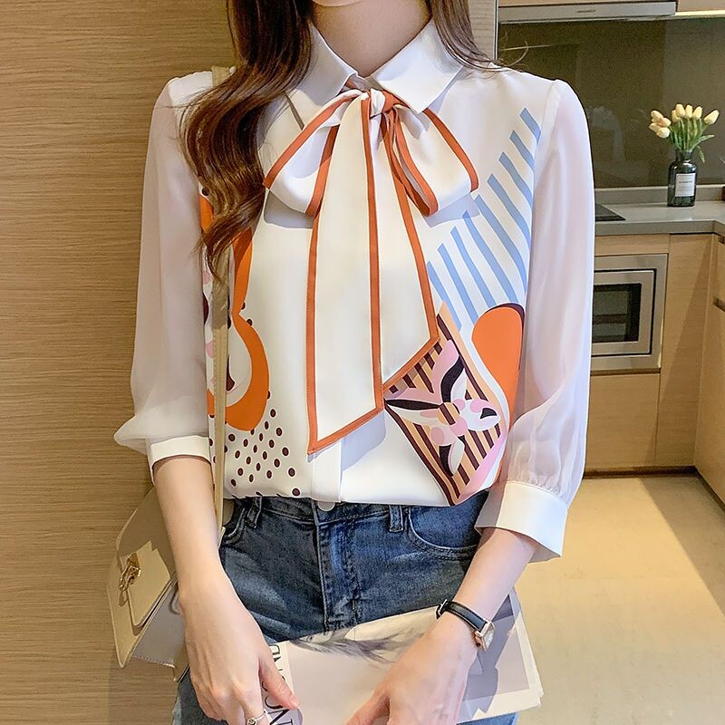 Κορυφαίο πουκάμισο σιφόν με κορδόνια τριών τετάρτων για γυναικεία άνοιξη καλοκαίρι Νέα ιδιοσυγκρασία Κομψό επαγγελματικό γυναικείο τοπ