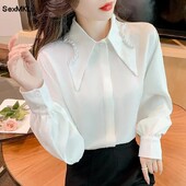 Elegáns fehér sifon ingek női lámpás ujjú koreai stílusú irodai blúzok őszi tél gyöngyös fekete szexi női felsők Y2k