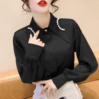 Elegáns fehér sifon ingek női lámpás ujjú koreai stílusú irodai blúzok őszi tél gyöngyös fekete szexi női felsők Y2k