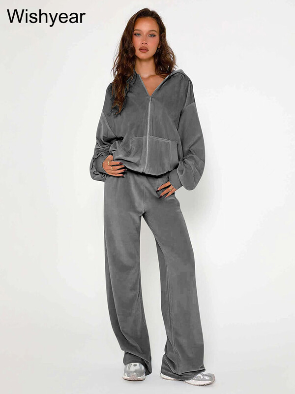 Φθινοπωρινό Ροζ Βελούδινο Σετ Φούτερ δύο 2 τεμαχίων Γυναικείες φερμουάρ με τσέπες Φούτερ και φούτερ Αθλητικά χειμερινά ρούχα