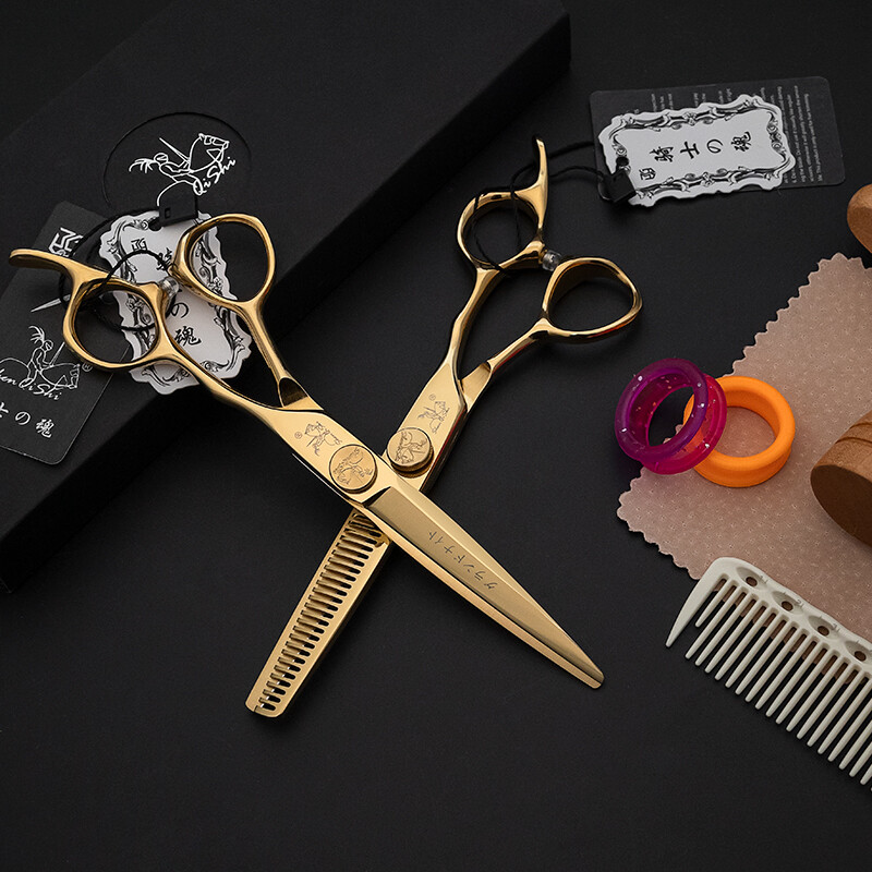 440C Jaapani teras 6,0 tolli Professionaalne kullavärvi juuste lõikamine Harvenduskäärid Juuksuri tööriistad Juuksekäärid Käärid