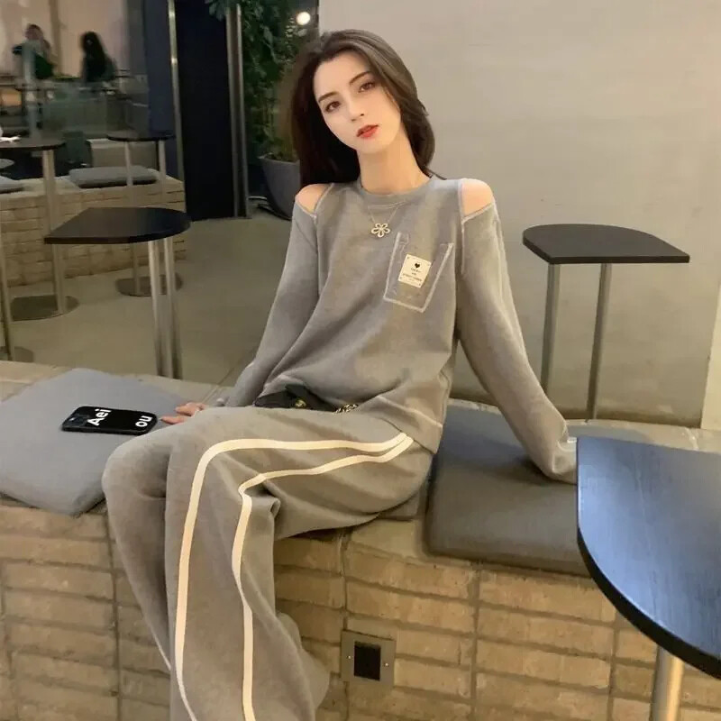 Βαμβακερό φούτερ Αθλητικό γυναικείο παντελόνι δύο τεμαχίων σετ ανοιξιάτικο φθινόπωρο γυναικείο παντελόνι αθλητική γκρι στολή Ρούχα Y2k Streetwear D