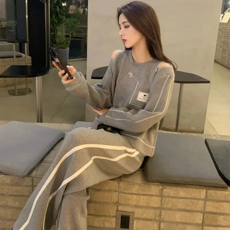 Βαμβακερό φούτερ Αθλητικό γυναικείο παντελόνι δύο τεμαχίων σετ ανοιξιάτικο φθινόπωρο γυναικείο παντελόνι αθλητική γκρι στολή Ρούχα Y2k Streetwear D