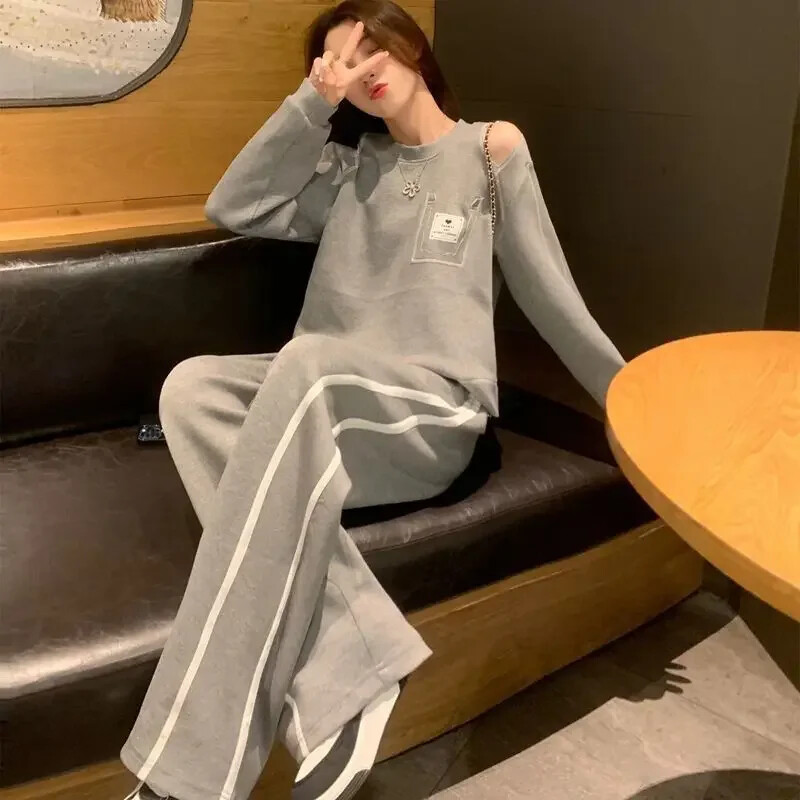 Βαμβακερό φούτερ Αθλητικό γυναικείο παντελόνι δύο τεμαχίων σετ ανοιξιάτικο φθινόπωρο γυναικείο παντελόνι αθλητική γκρι στολή Ρούχα Y2k Streetwear D