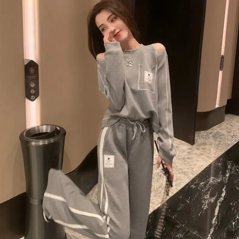 Βαμβακερό φούτερ Αθλητικό γυναικείο παντελόνι δύο τεμαχίων σετ ανοιξιάτικο φθινόπωρο γυναικείο παντελόνι αθλητική γκρι στολή Ρούχα Y2k Streetwear D