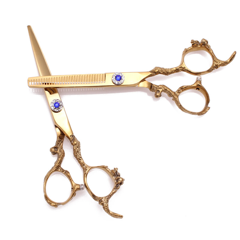 2τμχ 6" Barber Scissors Professional 440C 62HRC Hair Cutting Scissors Dragon Sculpture Handle Thinning Shears Adjustable C9003
