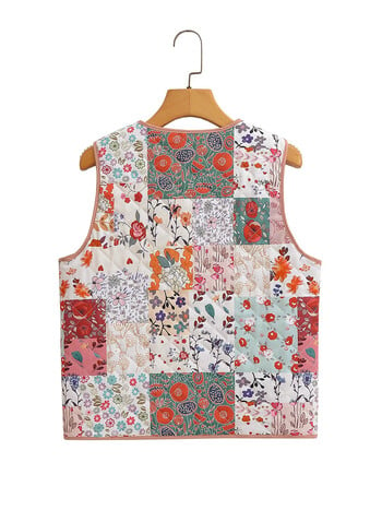 YENKYE 2023 Ethnic Women Patchwork Floral print Καπιτονέ γιλέκο αμάνικο παλτό V τσέπες στο λαιμό Γυναικείο vintage γιλέκο