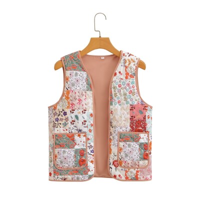 YENKYE 2023 etnikai női patchwork virágmintás steppelt mellény, ujjatlan kabát V nyakú zsebek női vintage mellény