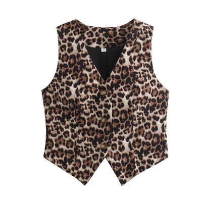 Y2K TRAF Fashion Leopard női mellény 2024 nyári V-nyakú, egysoros mellény, felső női alkalmi, vágott ujjatlan, új mellények