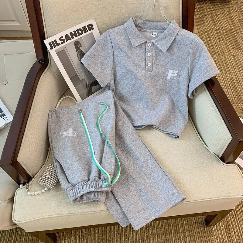 Casual Sporty Σετ Γυναικείο Καλοκαιρινό Πόλο Κοντό μανίκι Φαρδύ παντελόνι Tweed