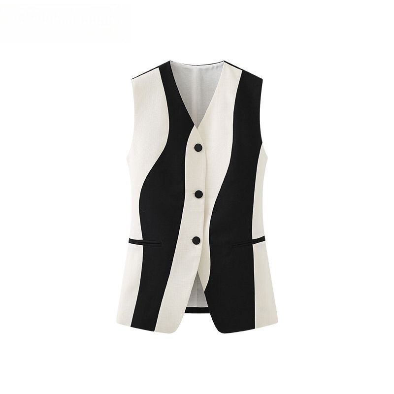 Color blocking αμάνικο γιλέκο γιλέκο γιλέκο γιλέκο τζάκετ ώμου γυναικείο καλοκαιρινό λεπτό μονόστηθο δυτικό τοπ φαρδύ V λαιμόκοψη