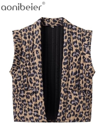 Aonibeier Leopard Print Sieviešu veste Traf Vasaras Bezpiedurknēm Atvērta Priekšpuse Brīva Stepēta jaka Sieviešu Crop Top Y2K Vest Mētelis