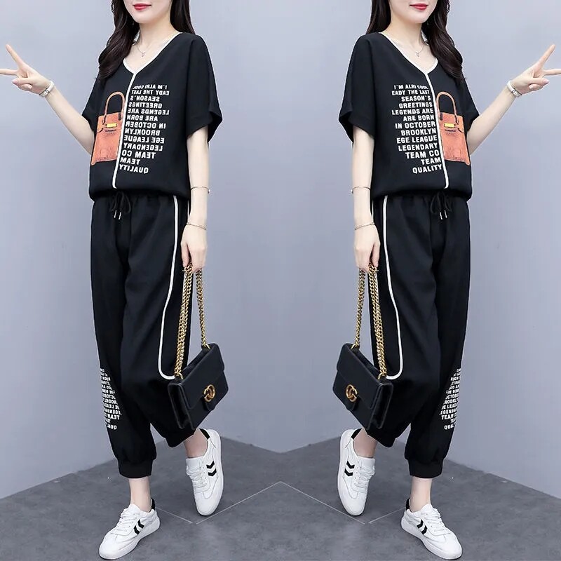 Γυναικεία αθλητική φόρμα Νέο γυναικείο καλοκαιρινό κοντό μανίκι και παντελόνι σετ δύο τεμαχίων Γυναικεία αθλητικά ρούχα Γυναικείο παντελόνι μεγάλο μέγεθος 4XL