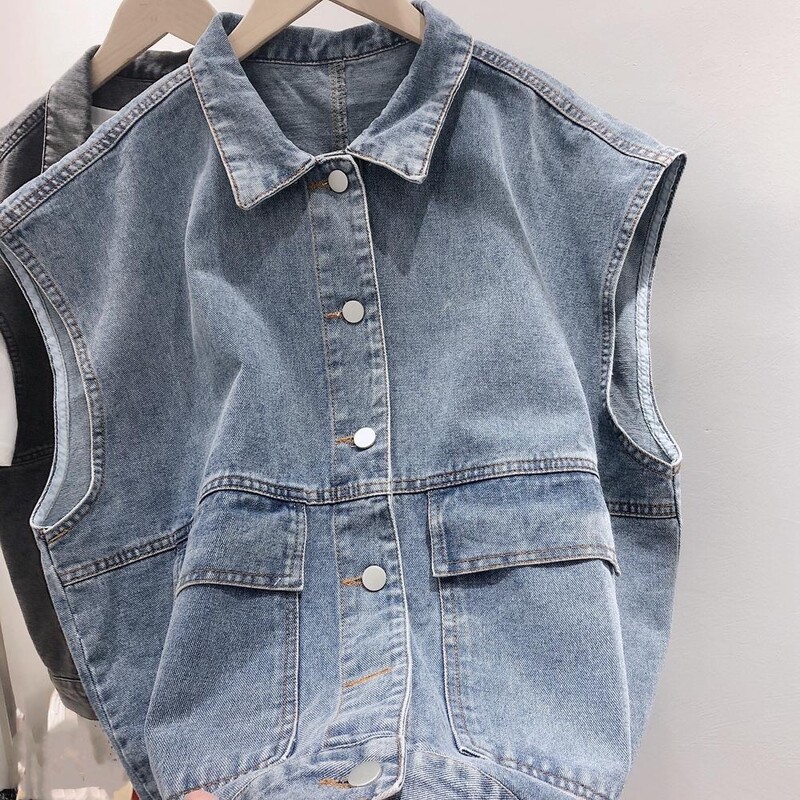 Τζιν γιλέκο γιλέκο ρετρό στυλ BF Γυναικείο αμάνικο περιστασιακό ιαπωνικό ευέλικτο ρούχο Μπλουζ τζιν Cargo
