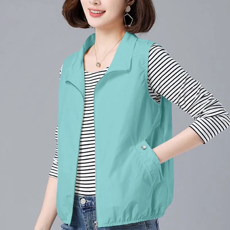 Vestă de primăvară/vară Jachetă de modă feminină, căptușeală subțire, respirabilă, fără mâneci, solidă, ușoară, ocazională, vestă pentru femei, topuri