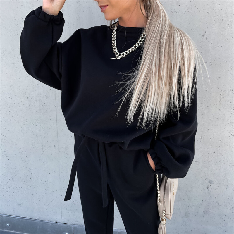 2024. gada rudens un ziemas modes vienkrāsains sieviešu uzvalks, brīvs, apaļš kakla izgriezums Frenum kapucis, ikdienas bikses, sieviešu sporta apģērba divdaļīgs komplekts