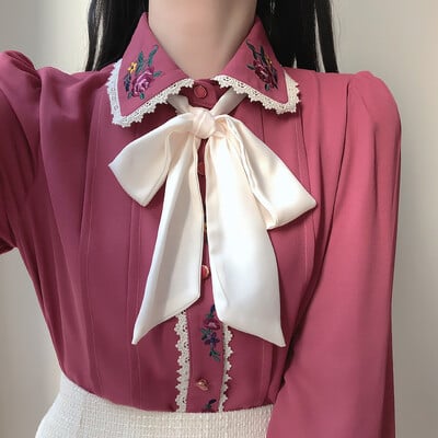 2023 női aranyos csokornyakkendő szalag felsők Preppy stílusú Vintage Japán Korea Design Gomb Elegáns formális ingek Blúzok