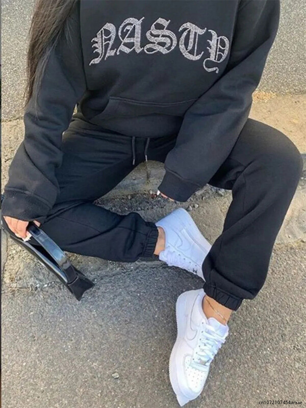 Sieviešu ar augstu vidukli divdaļīgs komplekts, kostīmi ziemas samta kapuciņi rudens skriešanas sporta bikses brīvas biezas sporta bikses y2k sporta tērps sievietēm