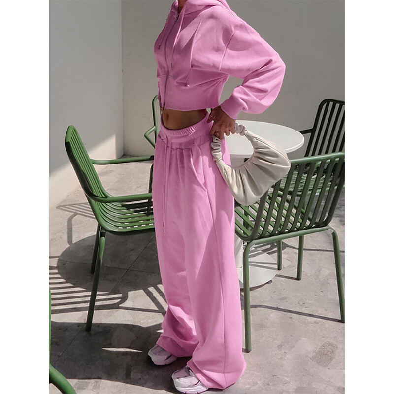 Treninguri roz de damă, uni, subțiri, din lână, cu mânecă lungă, jachetă scurtă cu glugă + pantaloni lați cu talie înaltă 2 buc. Îmbrăcăminte casual pentru femei
