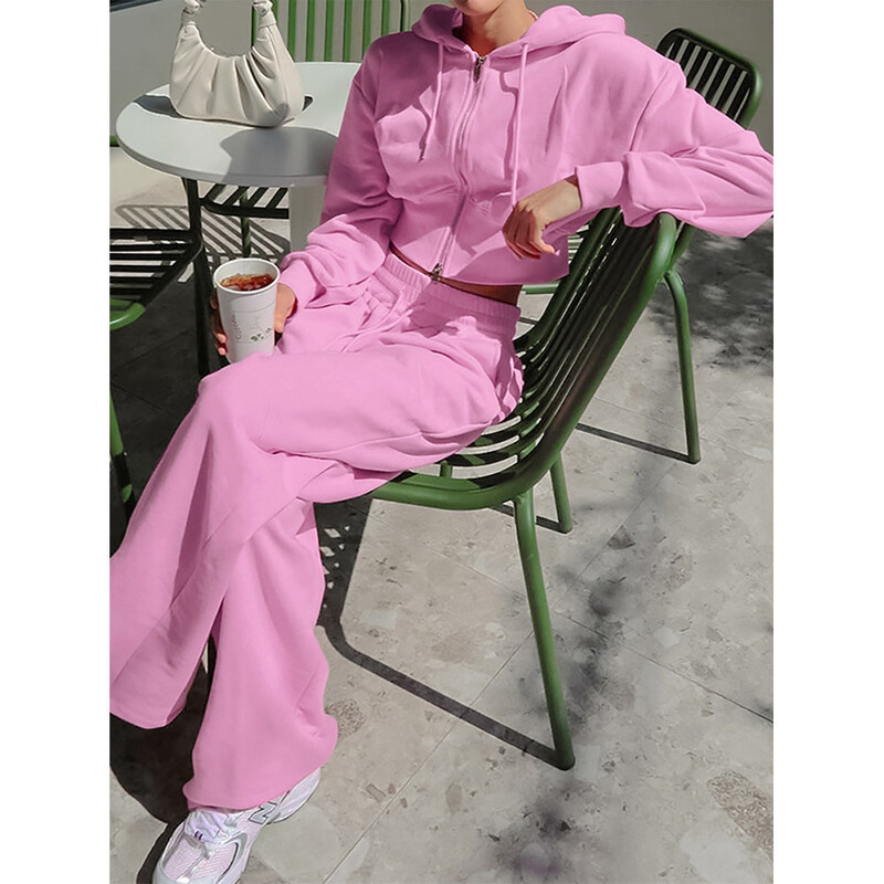 Treninguri roz de damă, uni, subțiri, din lână, cu mânecă lungă, jachetă scurtă cu glugă + pantaloni lați cu talie înaltă 2 buc. Îmbrăcăminte casual pentru femei