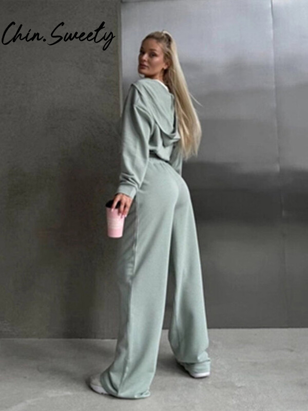 Sieviešu treniņtērps vienkrāsains kapuci bikses ar garām piedurknēm rāvējslēdzēji mētelis, platas, savelkamās bikses, 2024. gada rudens modes dāmu komplekts