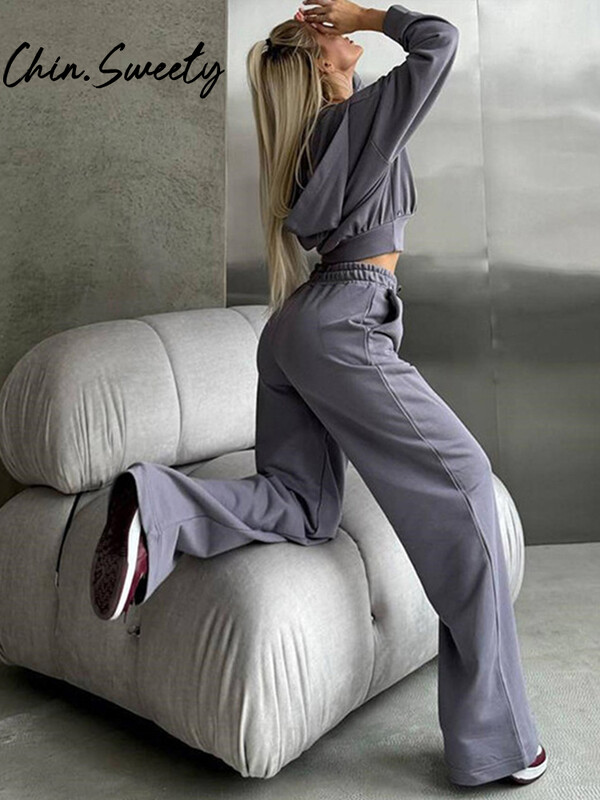 Sieviešu treniņtērps vienkrāsains kapuci bikses ar garām piedurknēm rāvējslēdzēji mētelis, platas, savelkamās bikses, 2024. gada rudens modes dāmu komplekts