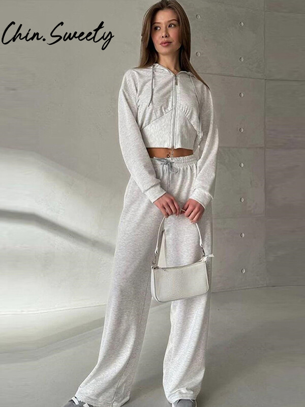 Sieviešu treniņtērps vienkrāsains kapuci bikses ar garām piedurknēm rāvējslēdzēji mētelis, platas, savelkamās bikses, 2024. gada rudens modes dāmu komplekts