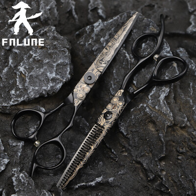 FnLune Damascus Pattern Професионални ножици за фризьорски салон Подстригване Бръснарско подстригване Изтъняване Warp Shear Lancet Фризьорски ножици