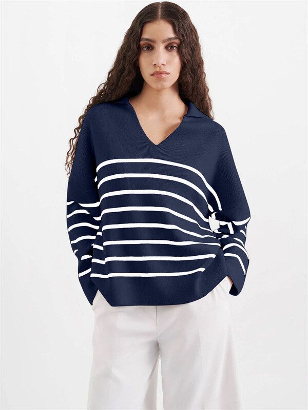 Trikotāžas svītrains džemperis ar garām piedurknēm Adīšana ar V veida kakla izgriezumu Puloveri rudens ziemas pamata sieviešu topi 2023. g. Jaunums trikotāžas brīvi džemperi