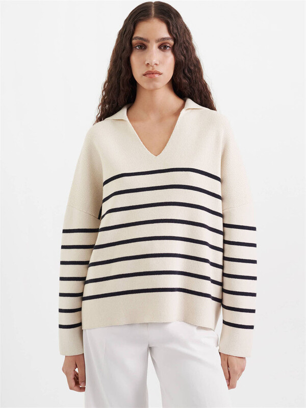 Trikotāžas svītrains džemperis ar garām piedurknēm Adīšana ar V veida kakla izgriezumu Puloveri rudens ziemas pamata sieviešu topi 2023. g. Jaunums trikotāžas brīvi džemperi