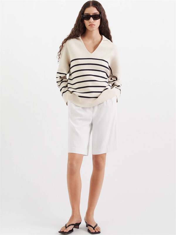 Trikotāžas svītrains džemperis ar garām piedurknēm Adīšana ar V veida kakla izgriezumu Puloveri rudens ziemas pamata sieviešu topi 2023. g. Jaunums trikotāžas brīvi džemperi