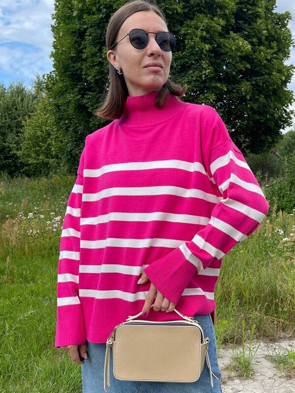 Πλεκτό πουλόβερ με ριγέ ζιβάγκο Πλεκτό πουλόβερ γυναικεία πλεκτά μακρυμάνικα βασικά μπλουζάκια Φθινόπωρο 2024 Χειμώνας πλεκτά πουλόβερ