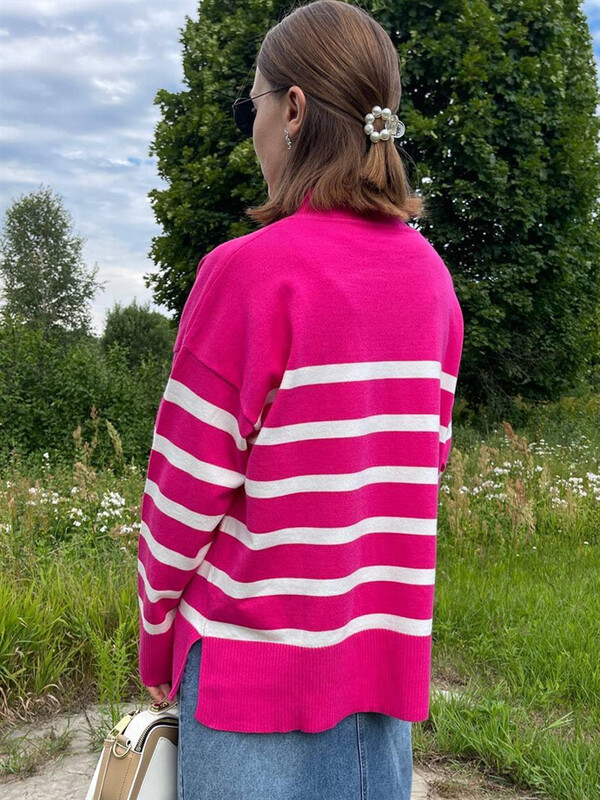 Πλεκτό πουλόβερ με ριγέ ζιβάγκο Πλεκτό πουλόβερ γυναικεία πλεκτά μακρυμάνικα βασικά μπλουζάκια Φθινόπωρο 2024 Χειμώνας πλεκτά πουλόβερ